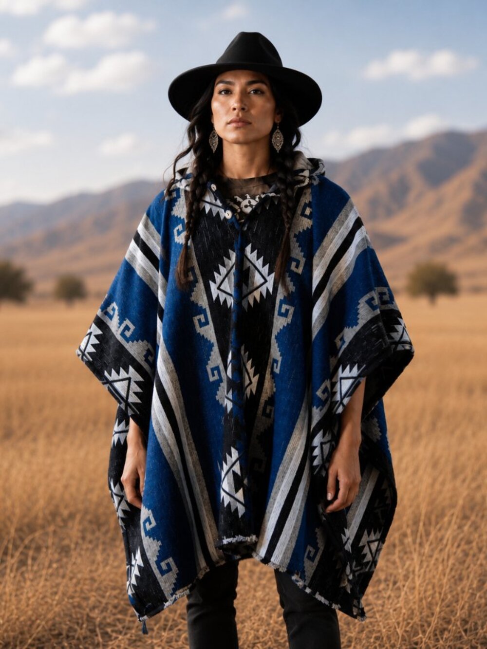 Handwoven Unisex Native American Hooded Wool Poncho - 100% Wool Pullover Coat